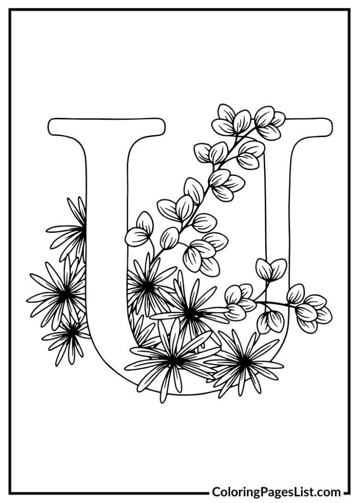 U letter floral coloring page