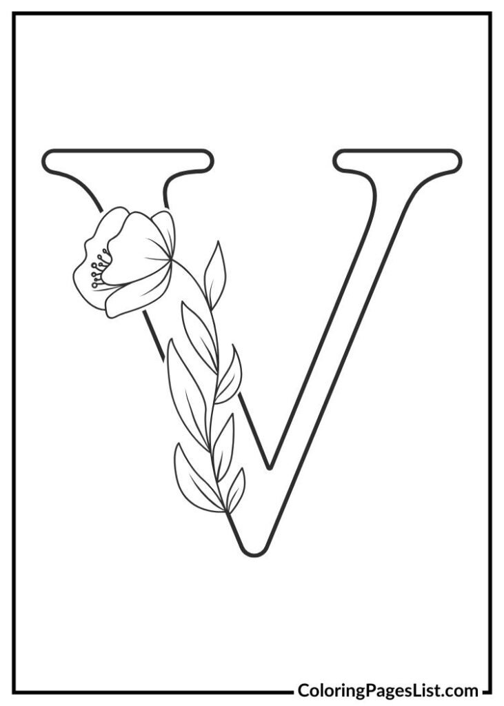 V letter floral coloring page