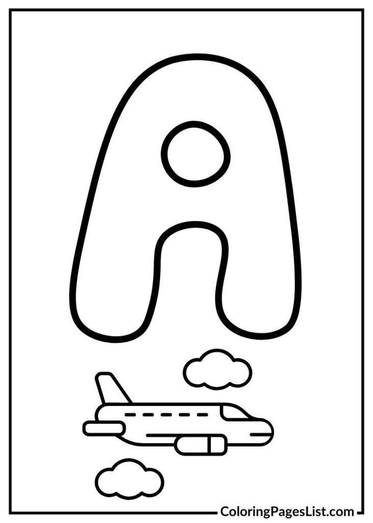 Letter A with Aeroplane coloring page