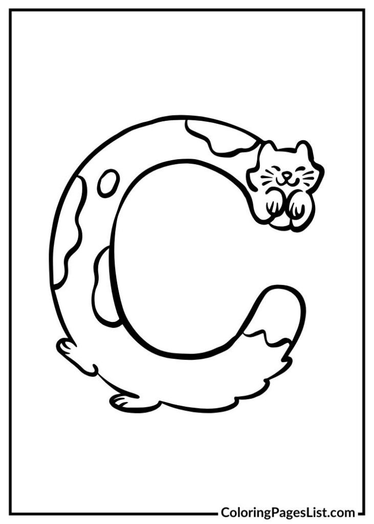 Letter C coloring page with cat design