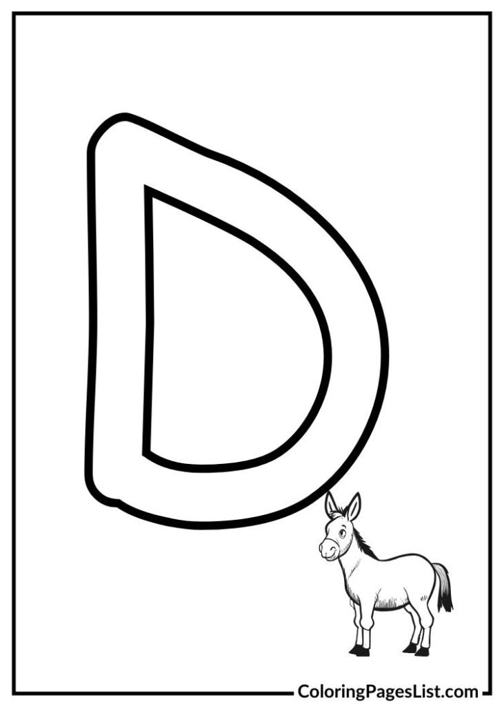 Letter D coloring page with donkey