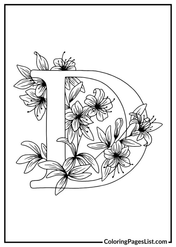 D letter floral coloring page