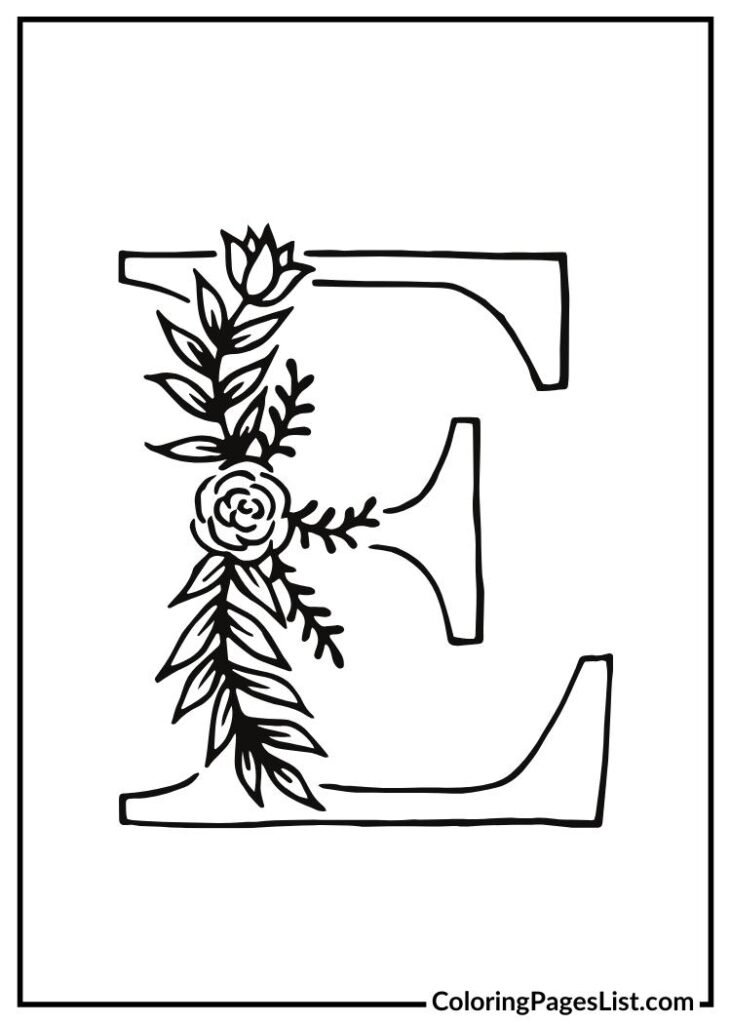 E letter floral coloring page