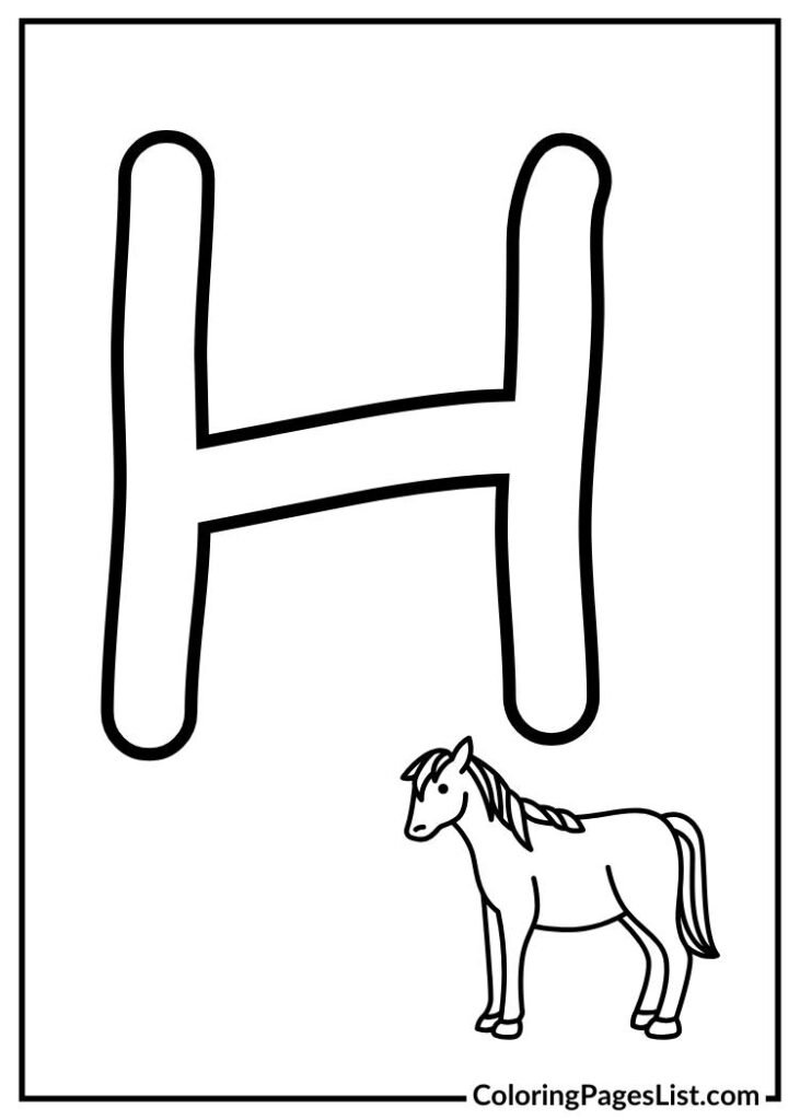 Letter H with horse coloring page