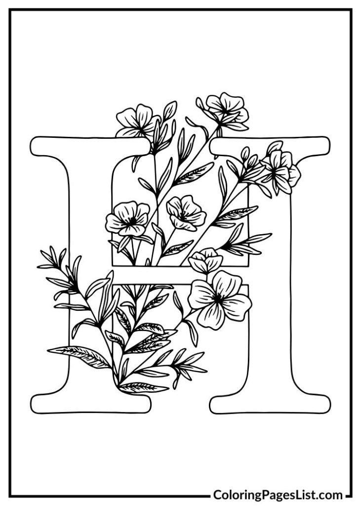 H letter floral coloring page