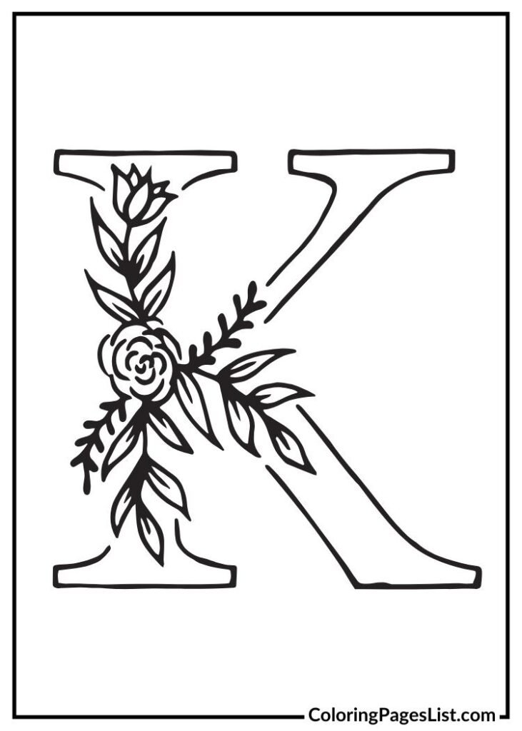 K letter floral coloring page