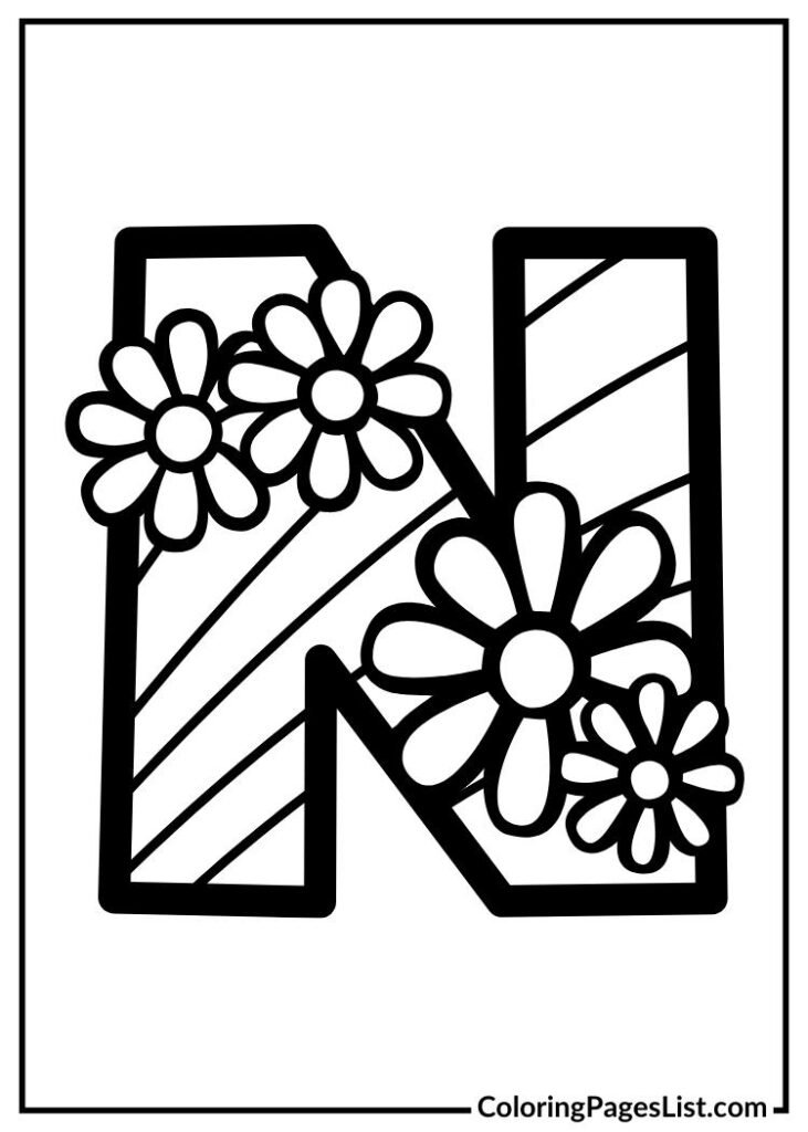 letter N Simple coloring page beautiful flowers