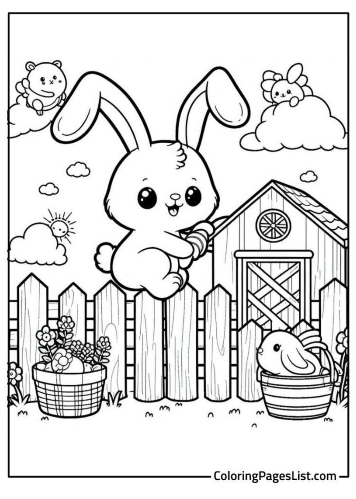 Rabbit climbing the fence in the farm To Color