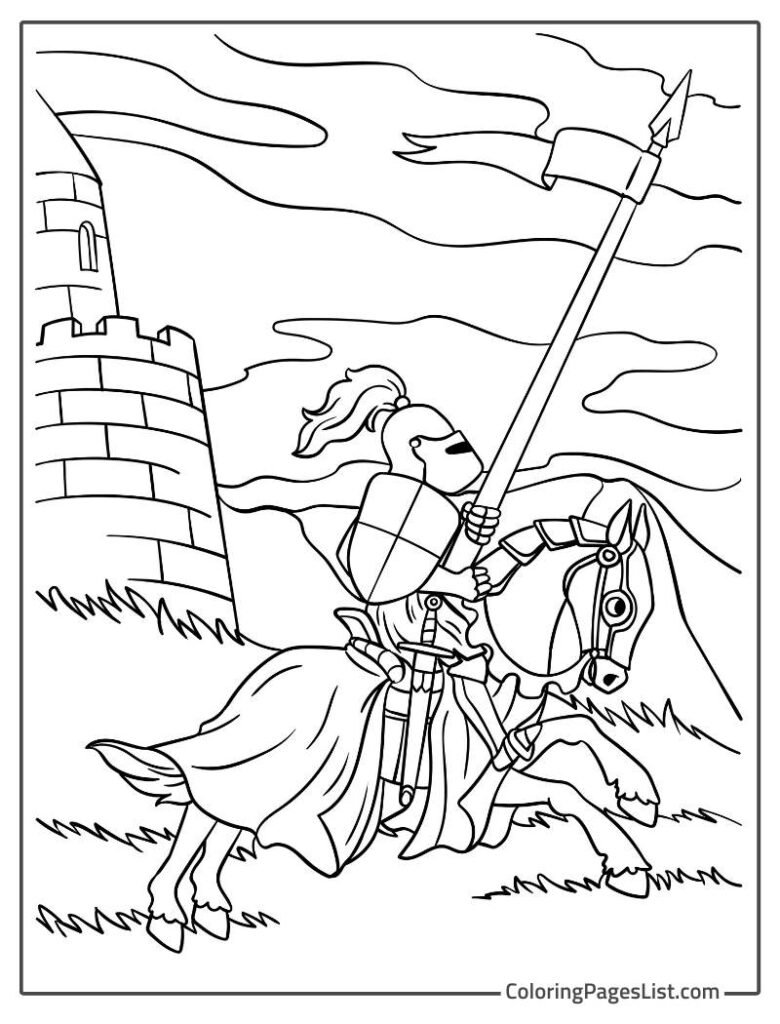 A Warrior Holding Spear And Riding Horse To Color In