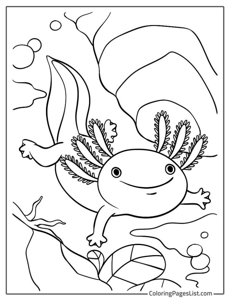 Axolotl Enjoying Deep Down In the Ocean Coloring Page