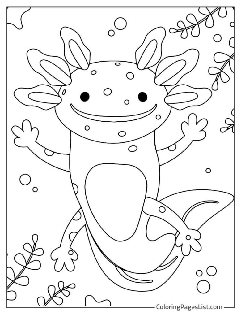 Axolotl Smiling And Enjoying In The Water Coloring Page