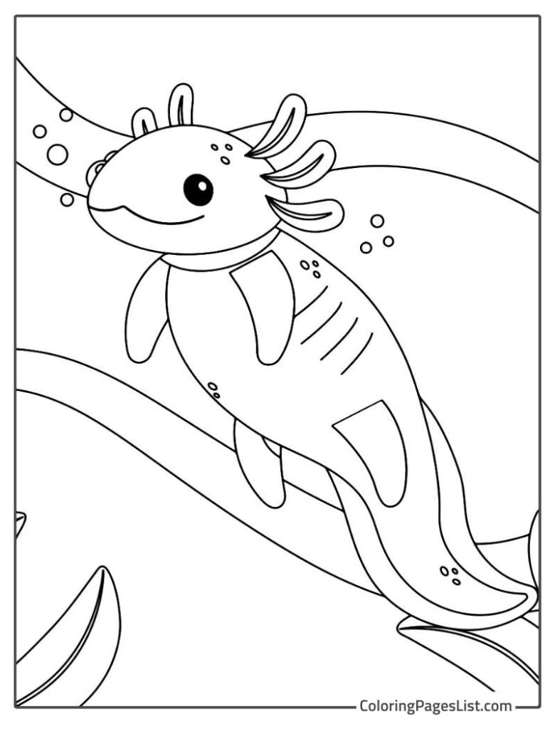 Axolotl Swimming And Smiling Coloring Page