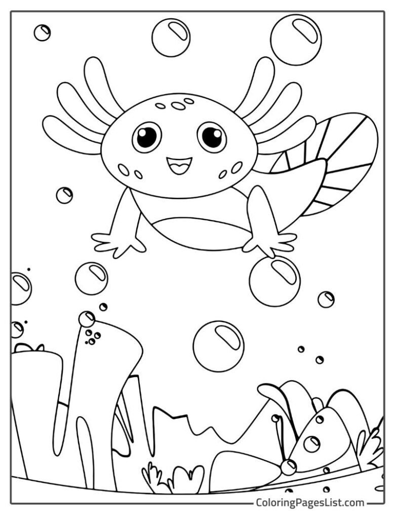 Axolotl Swimming Over The Grass In The Ocean To Color In