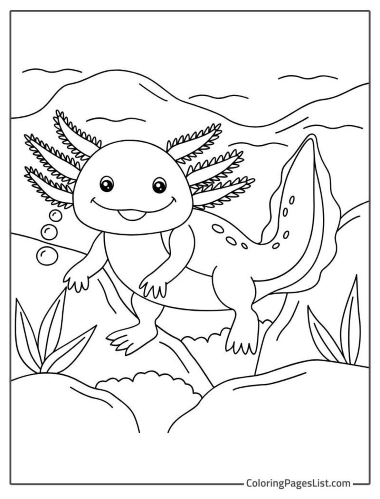 Axolotl Walking And Smiling In The Water To Color In For Kids