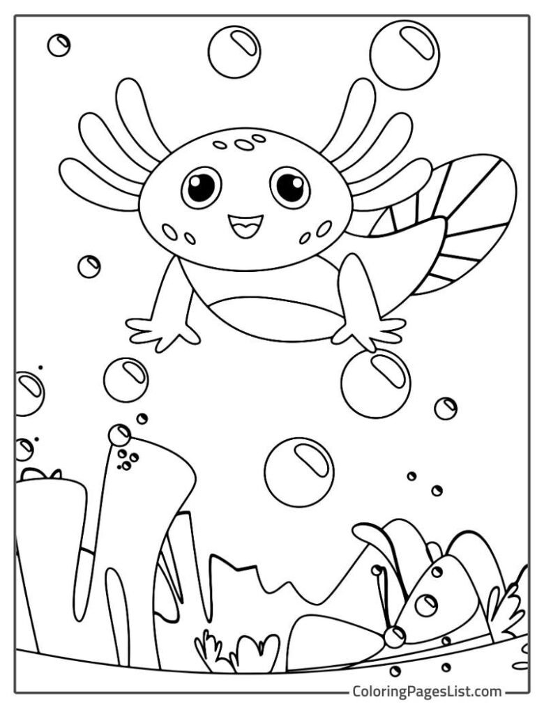 Baby Axolotl Playing With Water Bubbles Coloring Sheet For Kids