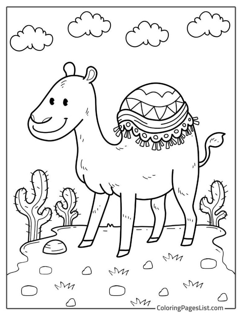 Camel Looking At The Cactus Coloring Page