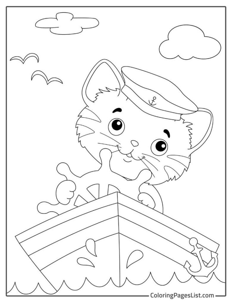 Captain Cat Riding Boat Coloring Page