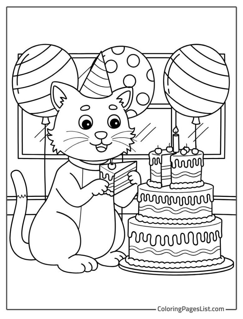 Cat Cutting The Birthday Cake Coloring Page