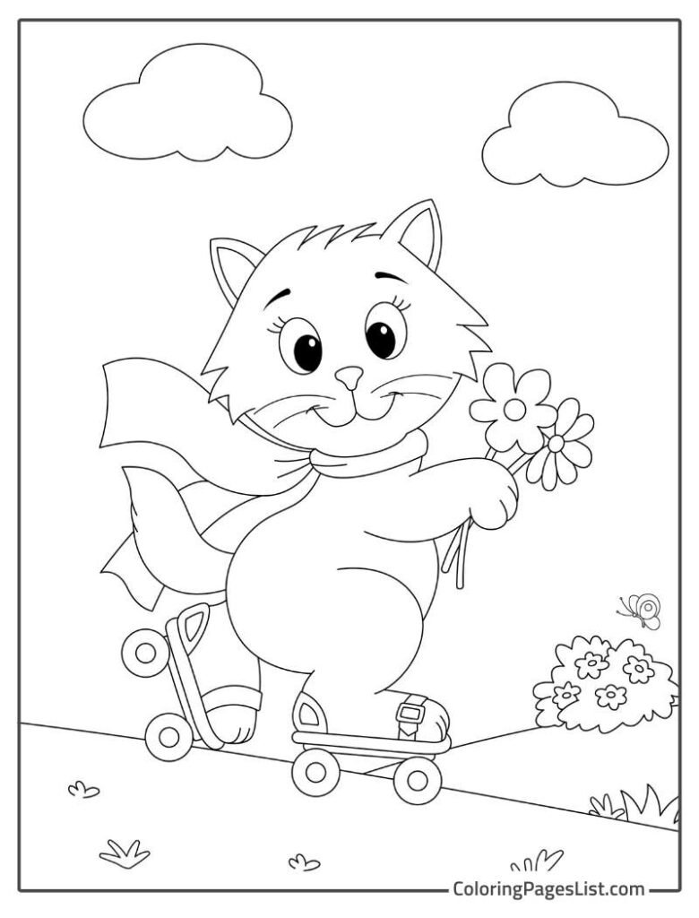 Cat Holding Flower And Wearing Roller Shoes