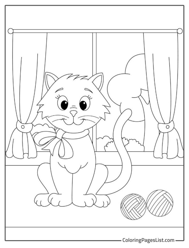 Cat Sitting In The Home In Front Of The Curtains Drawing Sheet