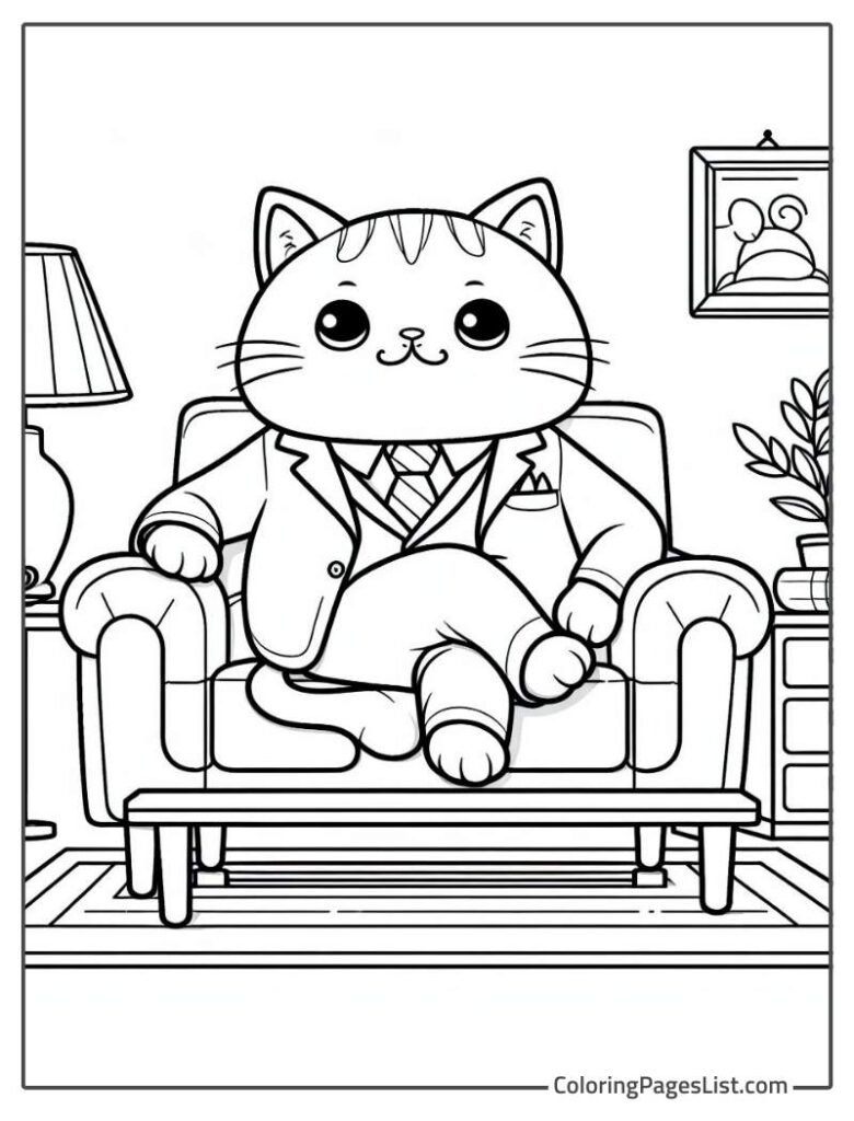 Cat Sitting On The Couch To Color In For Kids