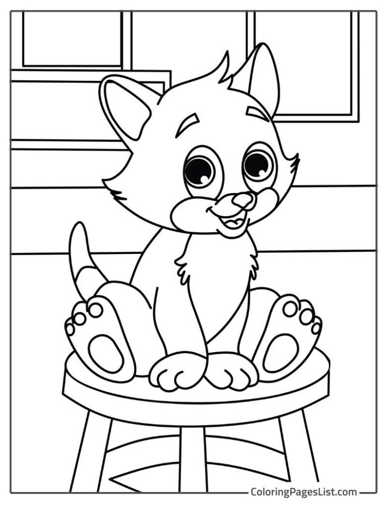 Cat Sitting On The Table Coloring Sheet For Kids