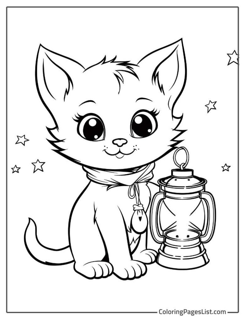 Cat Sitting With The Lantern For Coloring