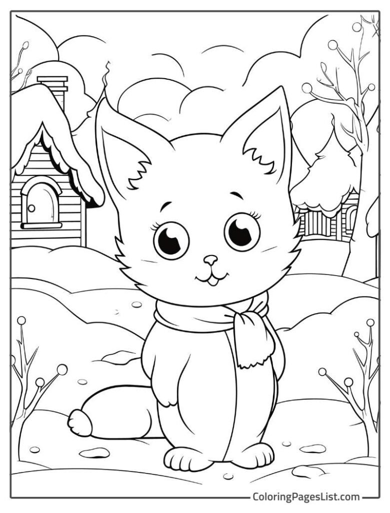 Cat Standing Outside Of the Cabin In Snow Coloring Page