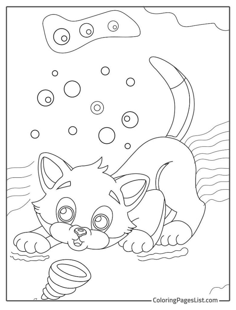 Cat Staring At The Seashell Coloring Sheet