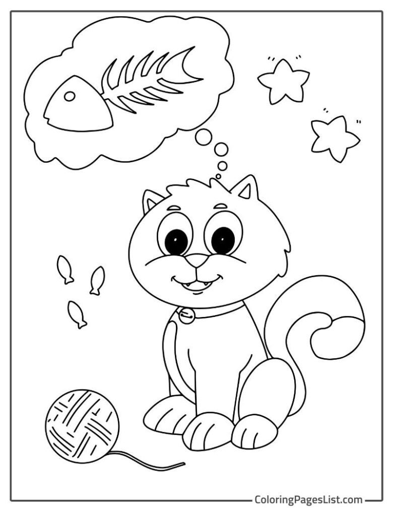 Cat Thinking About Fish To Eat To Color In