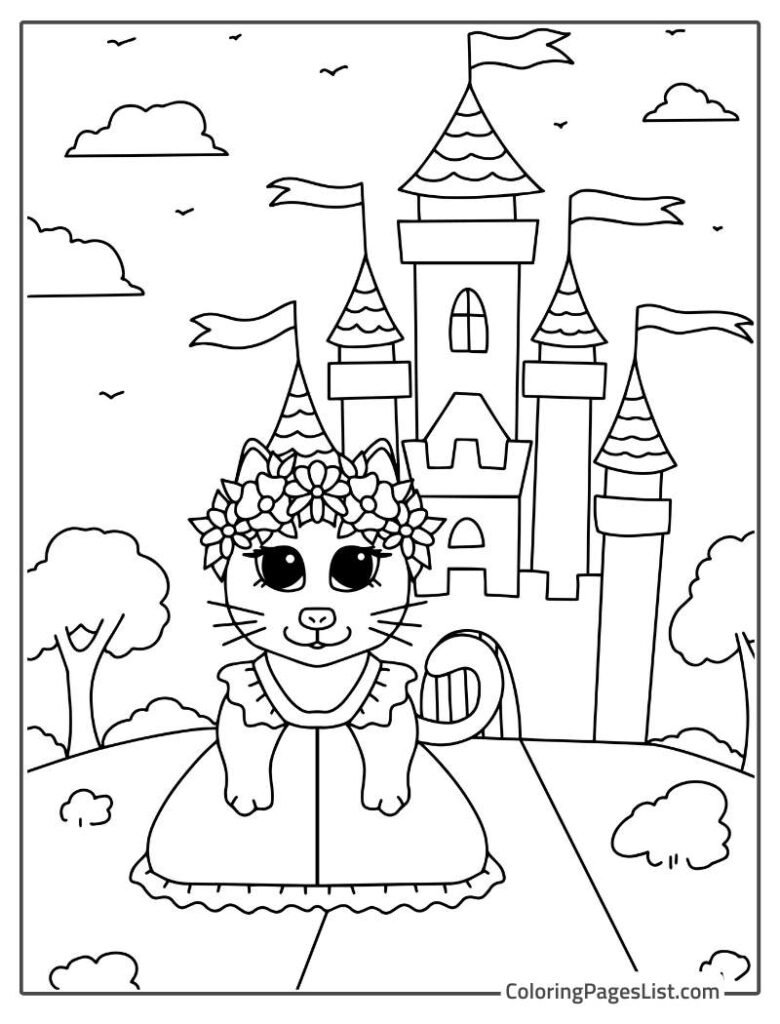 Cat Wearing A Dress And Standing In Front Of The Castle