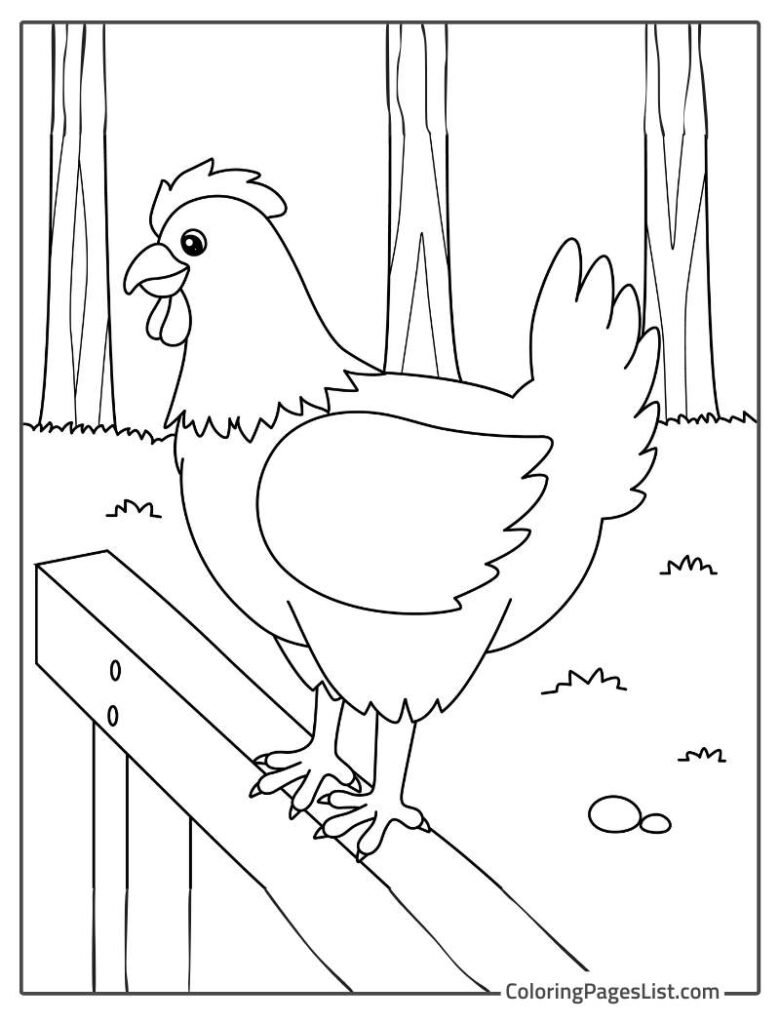 Chicken Standing On The Fence In The Jungle Coloring Page