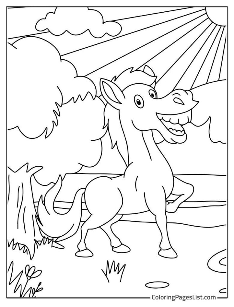 Coloring Page Of Laughing Horse Looking At The Sun