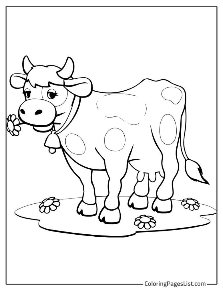 Cow Holding Flower In The Mouth Coloring Sheet