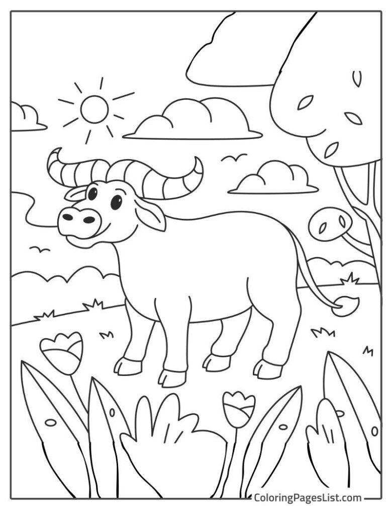 Cow Looking At The Sun In The Garden And Smiling Coloring Page