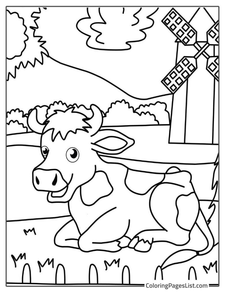 Cow Sitting On The Ground And Smiling Coloring Page