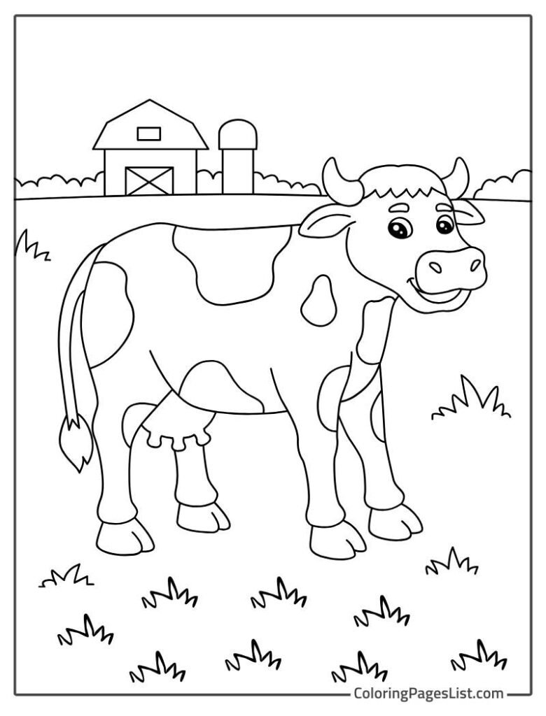 Cow Smiling And Enjoying Outside Coloring Sheet