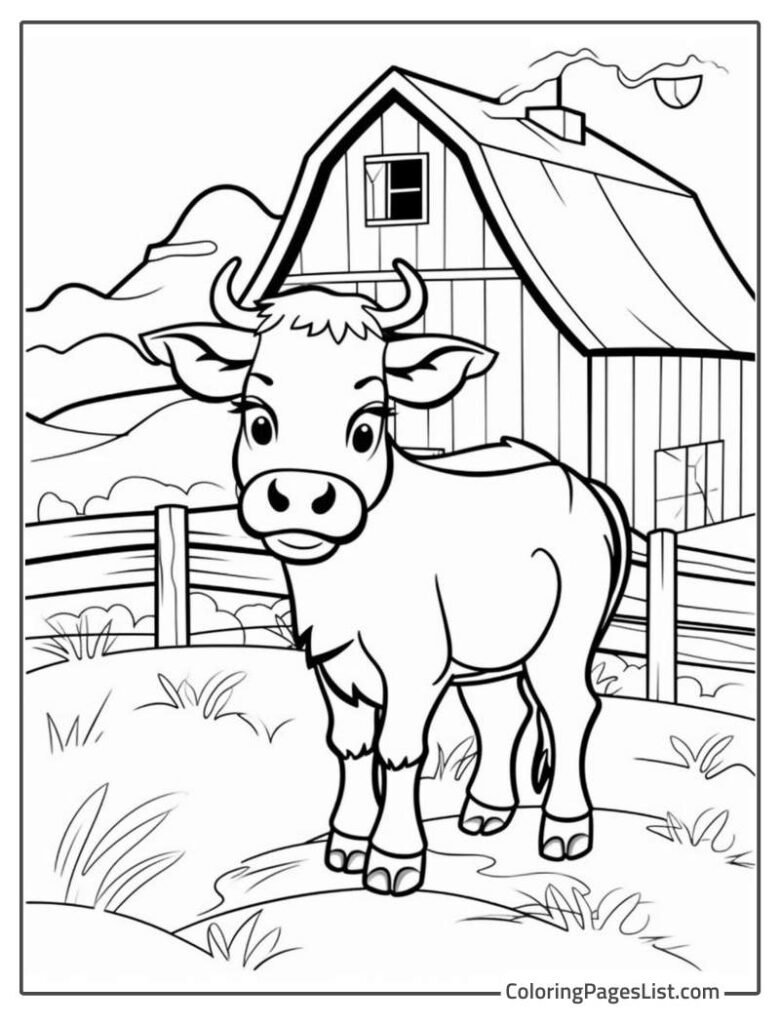 Cow Standing In Front Of The Barn Coloring Page