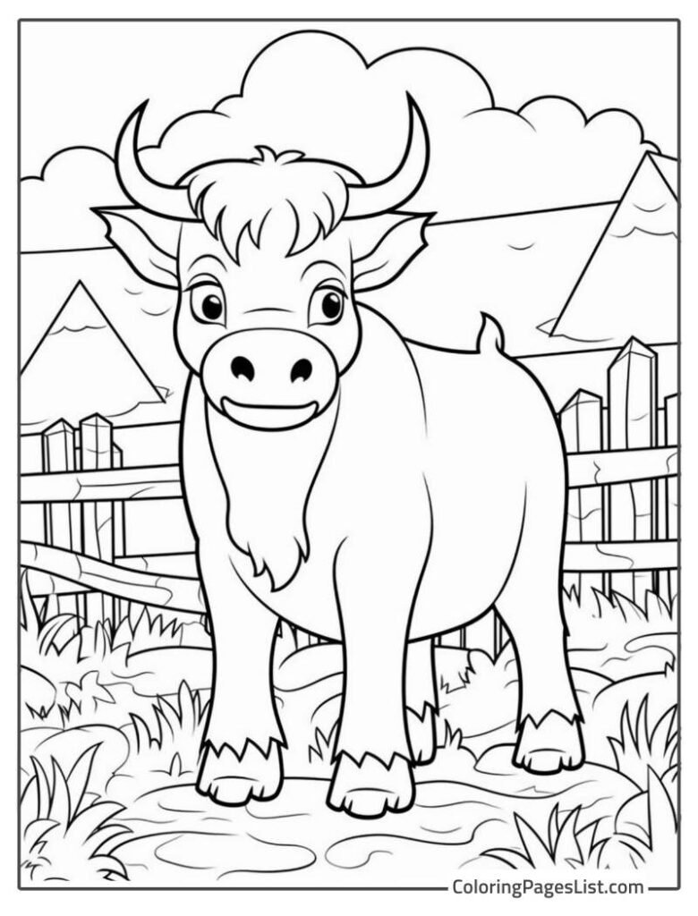 Cow With Large Horns Coloring Page For Kids