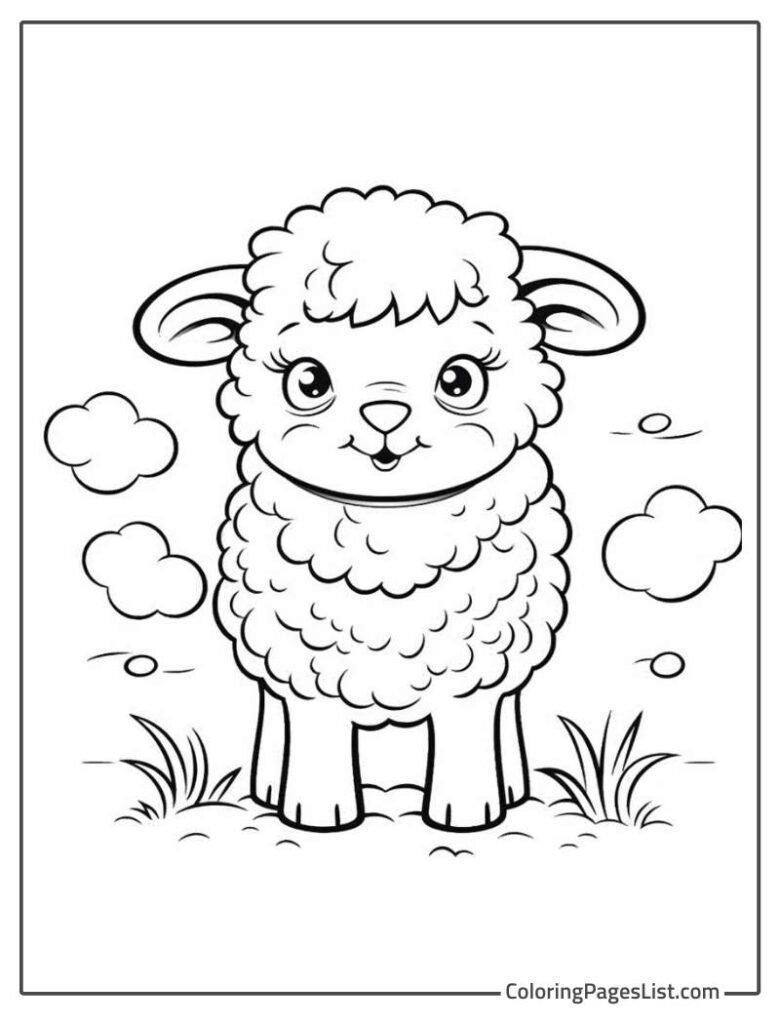 Cute Baby Sheep Standing On The Grass Coloring Sheet For Kids