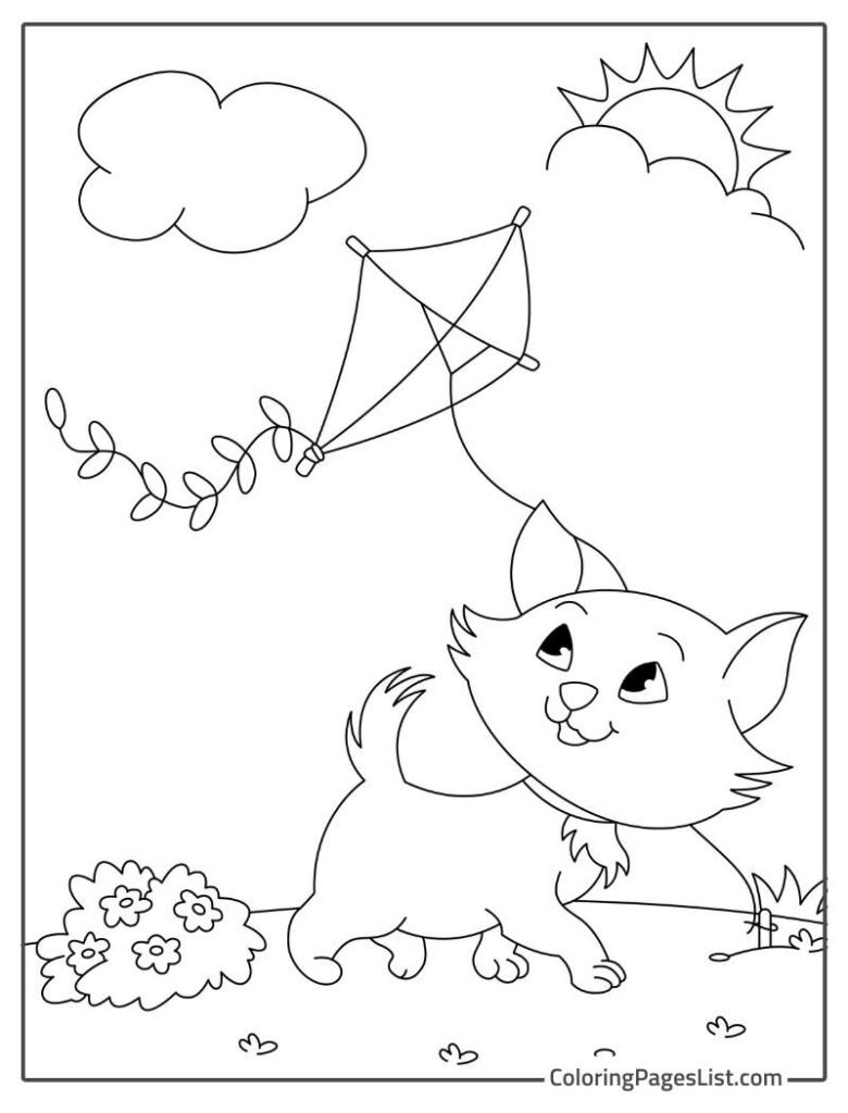 Cute Cat Flying Kite Coloring Sheet