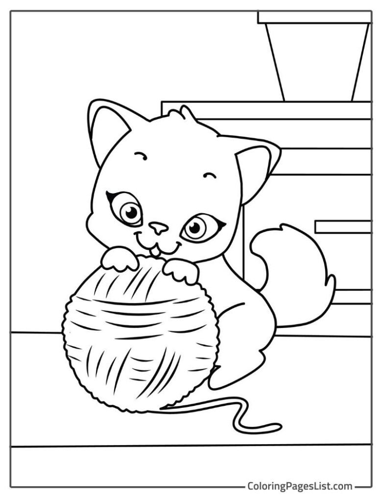 Cute Cat Playing With The Roll Of Wool Coloring Page