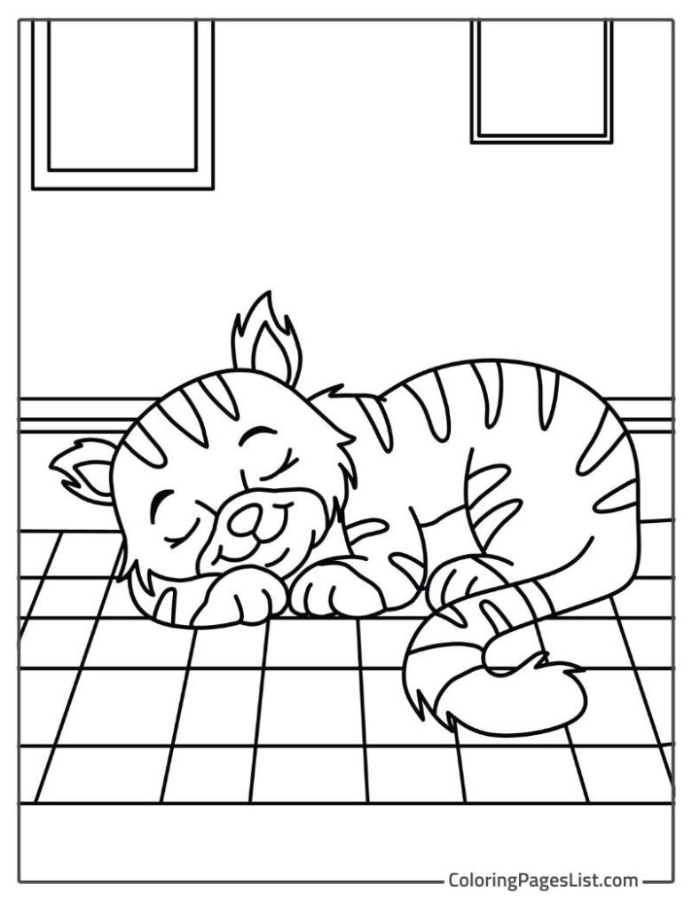 Cute Cat Sleeping On The Floor Coloring Page For Kids