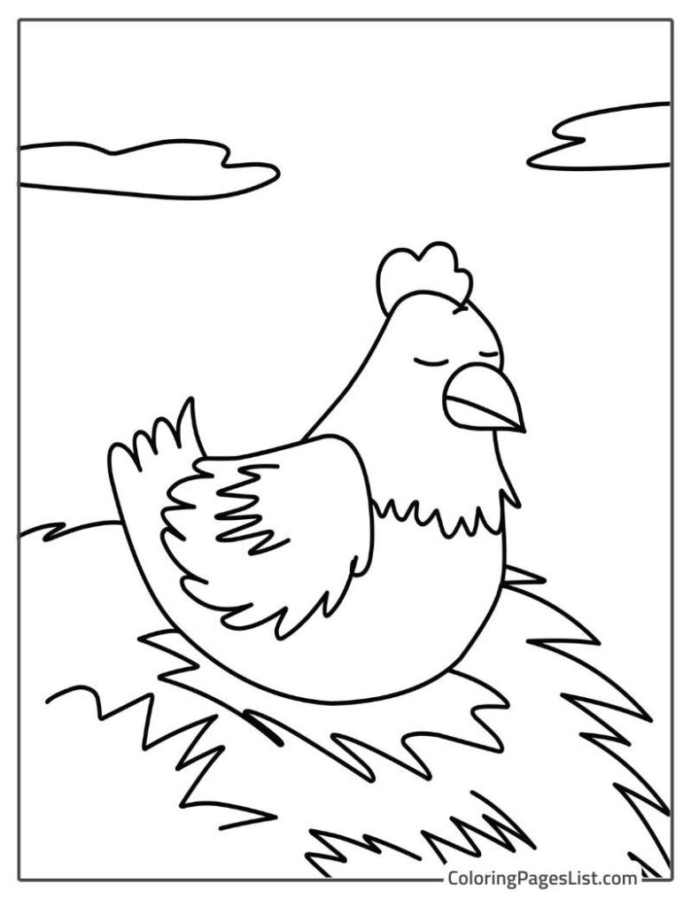 Cute Chicken Sitting On The Nest Coloring Sheet