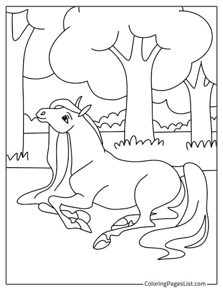 Cute Horse Sitting Under The Tree And Smiling Coloring Page