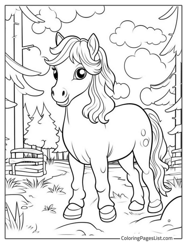 Cute Little Horse Standing In Middle Of The Jungle Coloring Page