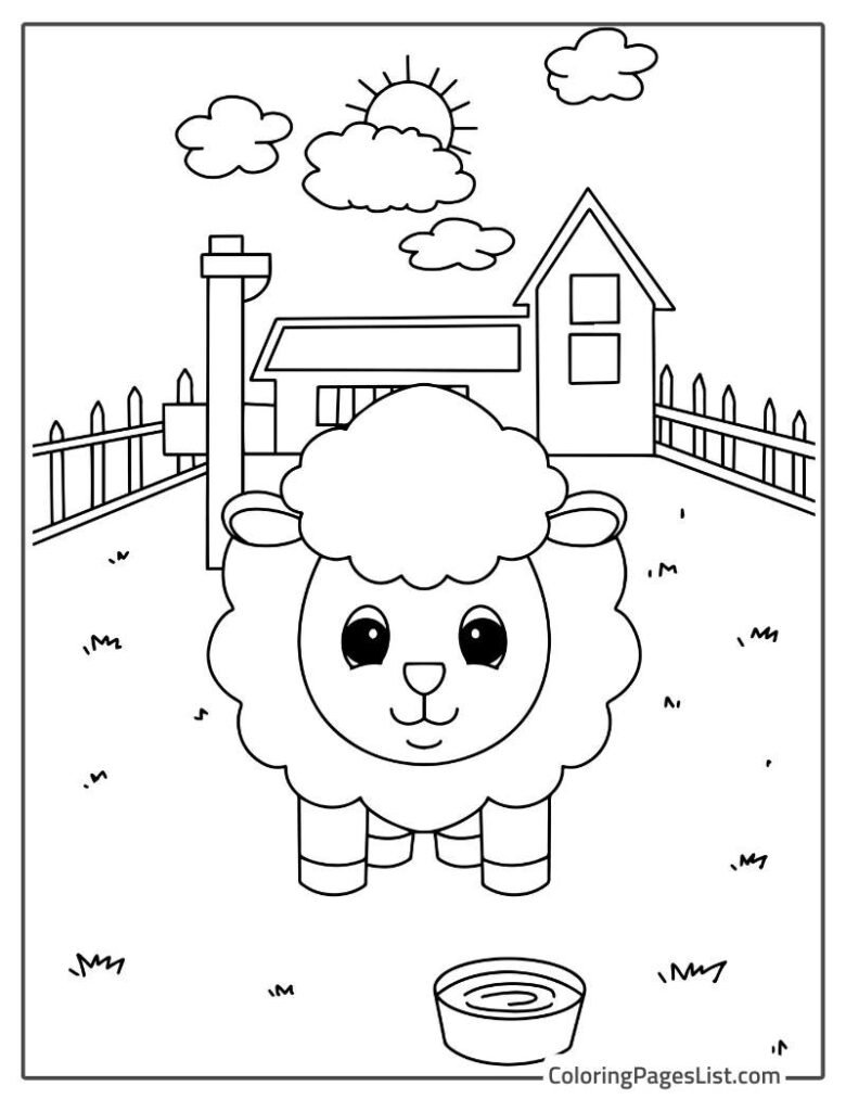 Cute Little Sheep Looking At The Bowl In The Farm Coloring Page