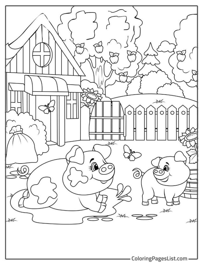 Cute Pigs Enjoying In The Beautiful Farm To Color In
