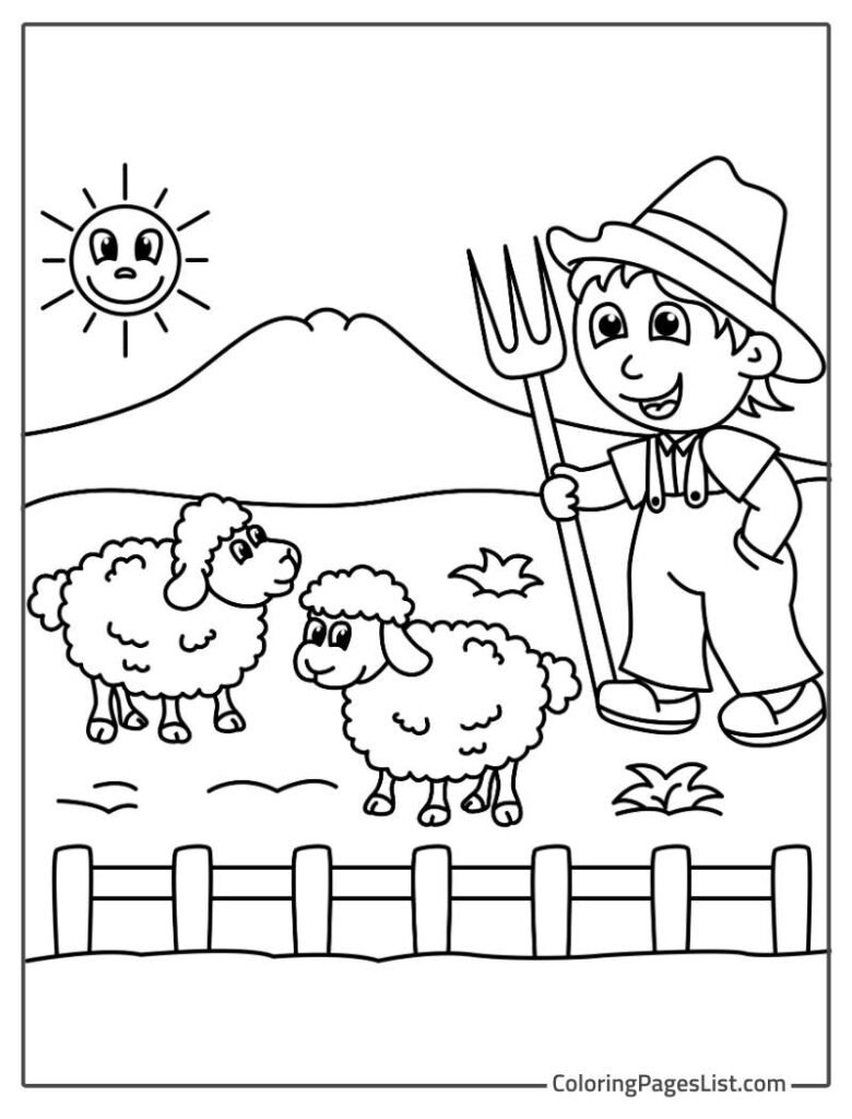 Cute Sheeps Grazing In The Farm While A Farmer Keeping An Eye On Them Coloring Page