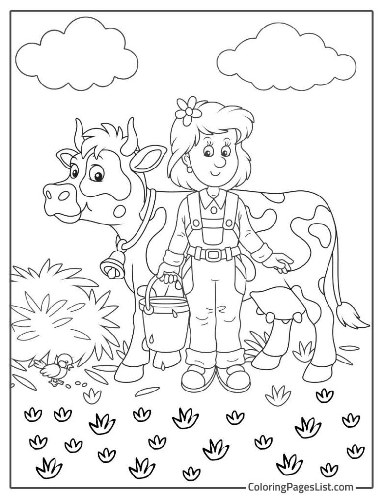 Farm Girl Holding Can To Extract Milk From Cow Coloring Page